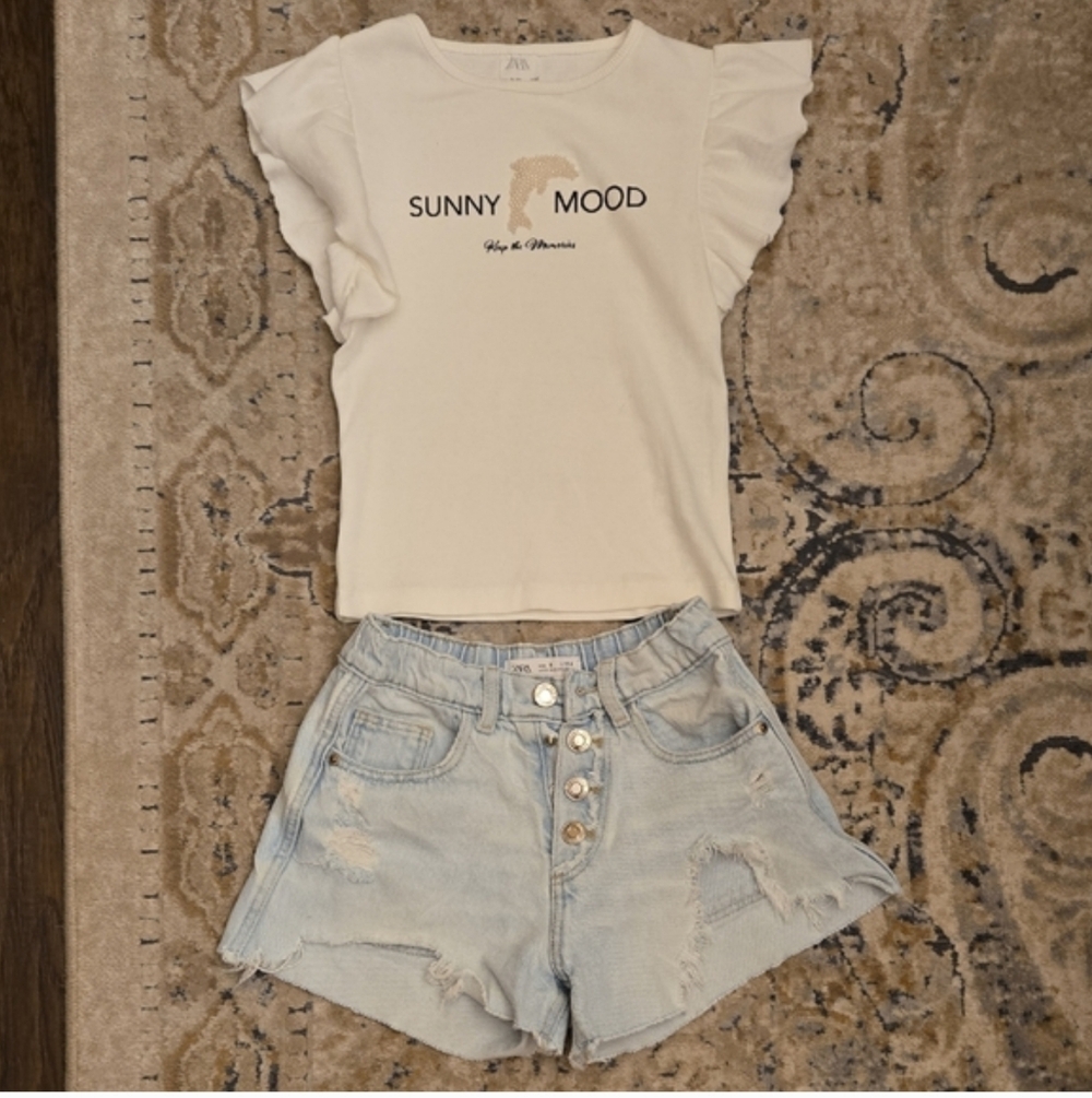 Zara White Top and Light Blue Denim Shorts